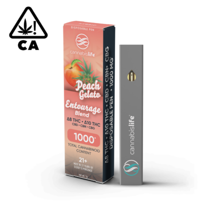 Image Displaying Cannabis Life Delta-8 THC Disposable Vape Peach Gelato
