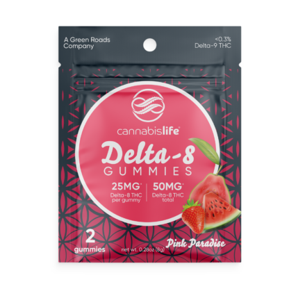 Image Displaying Cannabis Life Delta-8 Gummy Edibles Pink Paradise Flavor 2 Count