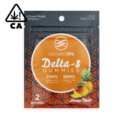 Image Displaying Cannabis Life Delta-8 Gummy Edibles Mango Twist Flavor 2 Count