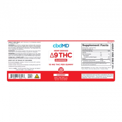 Image Displaying cbdMD Delta-9 20 Count Cherry Gummy Edible Packaging Label