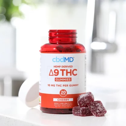 Image Displaying cbdMD Delta-9 20 Count Cherry Gummy Edible Lifestyle Imagery