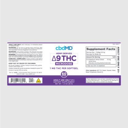 Image Displaying cbdMD Delta-9 60 Count Microdose Capsule Packaging Label