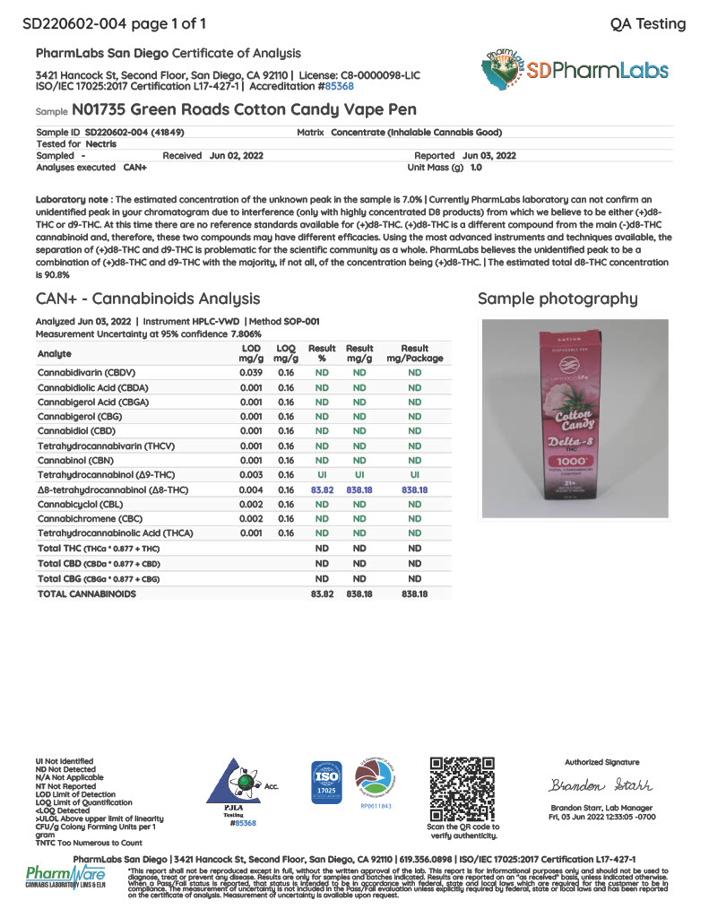 Cannabis Life, Delta-8 THC Disposable Vape Cotton Candy (Sativa), 1 Gram
