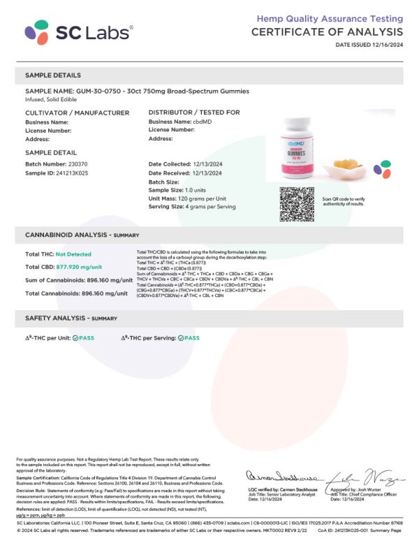 Lab Test Report - Page 1 for cbdMD Tropical CBD Gummies - Ingredients and CBD Potency
