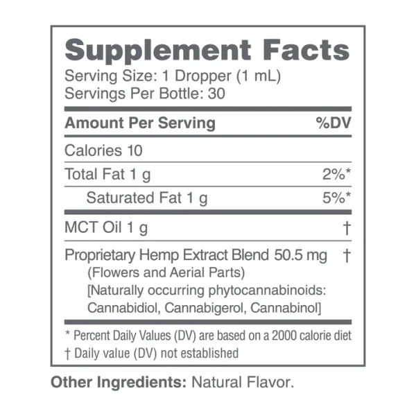 Supplement facts for CBDMD 1500mg CBD Tincture, showing detailed information on ingredients and nutritional content