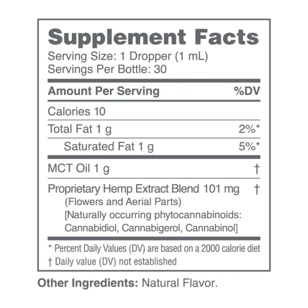 Supplement facts for CBDMD 3000mg CBD Tincture, showing detailed information on ingredients and nutritional content