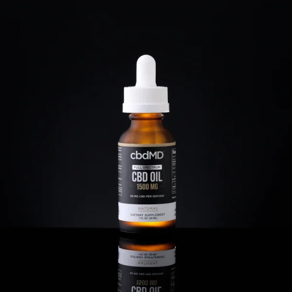 CBDMD CBD Tincture - Full Spectrum 1500mg bottle with white topper on a black background