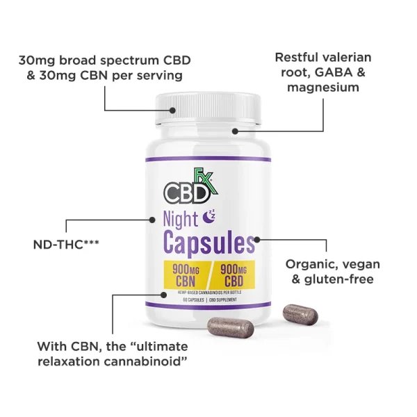 CBDfx | CBD Capsules - Night | 900mg CBD + 900mg CBN - 60ct - Image 2