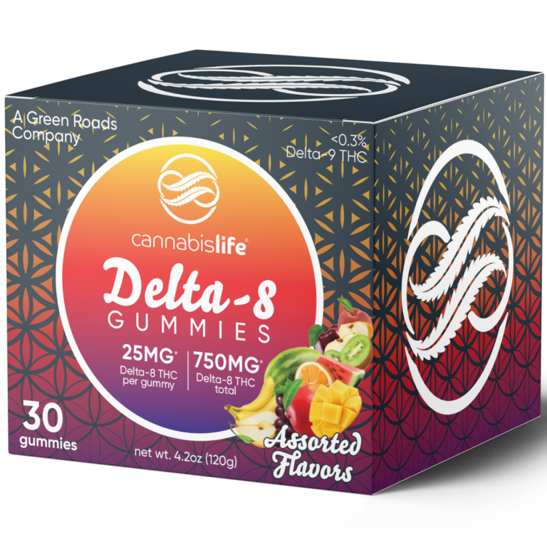 Front of Cannabis Life Assorted Flavors D8 Gummies package with colorful design representing mixed fruit flavors