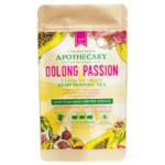 This image is advertising a unique blend of oolong tea with passionfruit, blood orange, lemongrass, and coconut, which contains more than 60mg of CBD per serving.