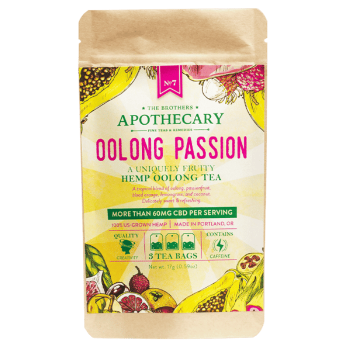 This image is advertising a unique blend of oolong tea with passionfruit, blood orange, lemongrass, and coconut, which contains more than 60mg of CBD per serving.