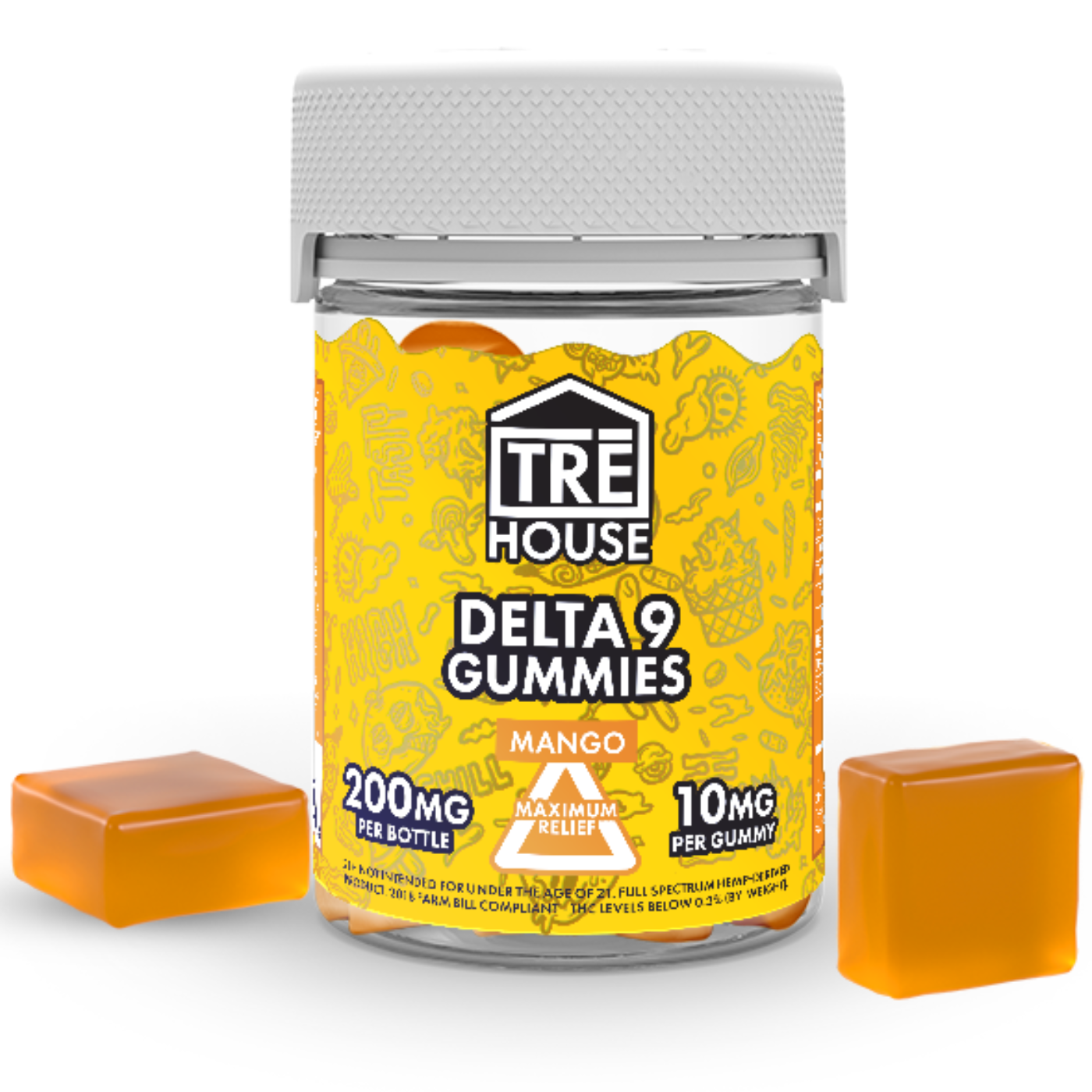 This image is advertising a bottle of gummies containing 200mg of mango-flavored hemp extract, with 10mg per gummy for maximum relief, and is not intended for those under the age of 21