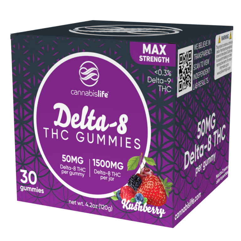 Front of Cannabis Life Kushberry D8 Gummies package with vibrant berry and kush-themed design" Back Image: "Back