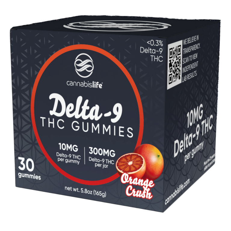 Front of Cannabis Life Orange Crush THC Gummies package with vibrant orange design