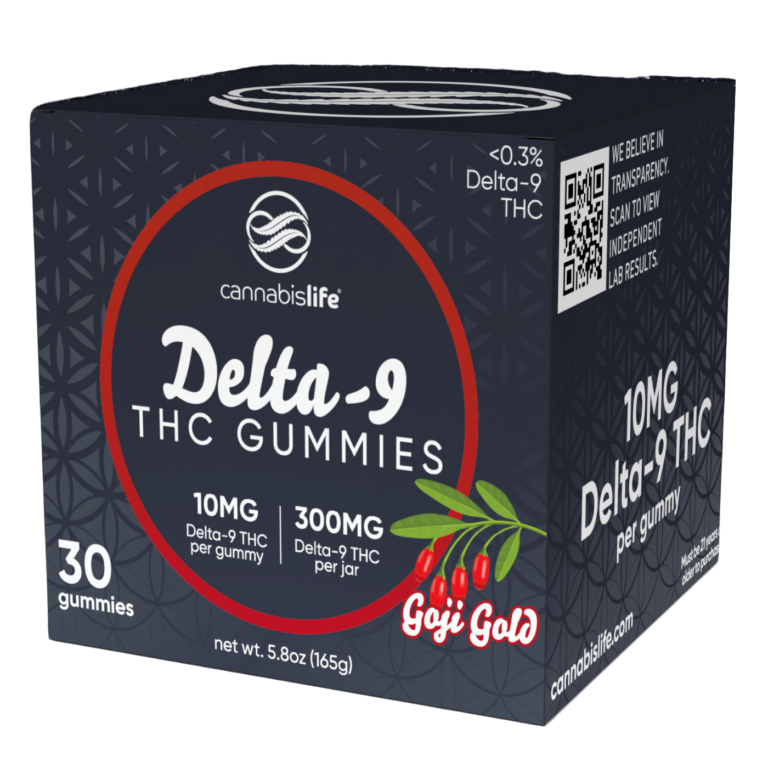 Front of Cannabis Life Goji Gold THC Gummies package with vibrant goji berry design