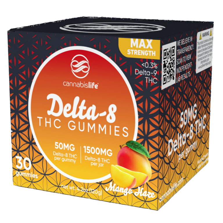 Front of Cannabis Life Mango Haze D8 Gummies package with vibrant mango and tropical design