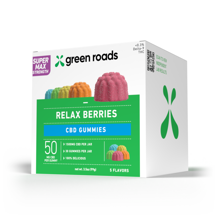 Front of Green Roads 50mg CBD Gummies package with calming design