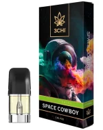 Front of 3CHI Space Cowboy Pods with THC showcasing sleek pod design and cosmic western-inspired packaging