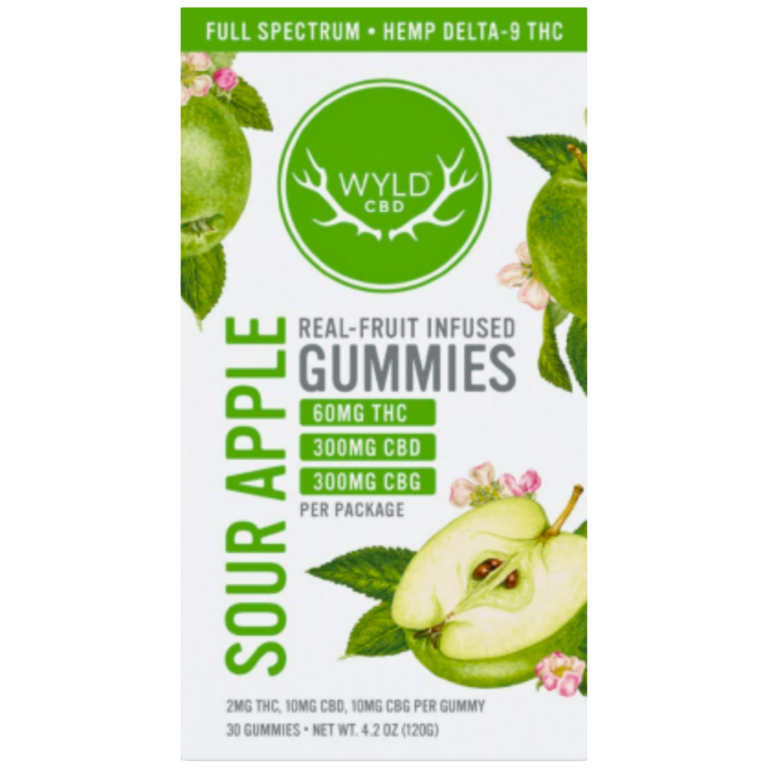 Front-facing image of Wyld Sour Apple THC Gummies box featuring crisp green apples, labeled with 2mg THC, 10mg CBD, and 10mg CBG per gummy