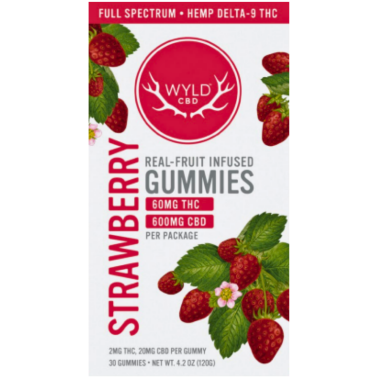 Front-facing image of Wyld Strawberry THC Gummies box with real-fruit strawberry graphics and red CBD emblem