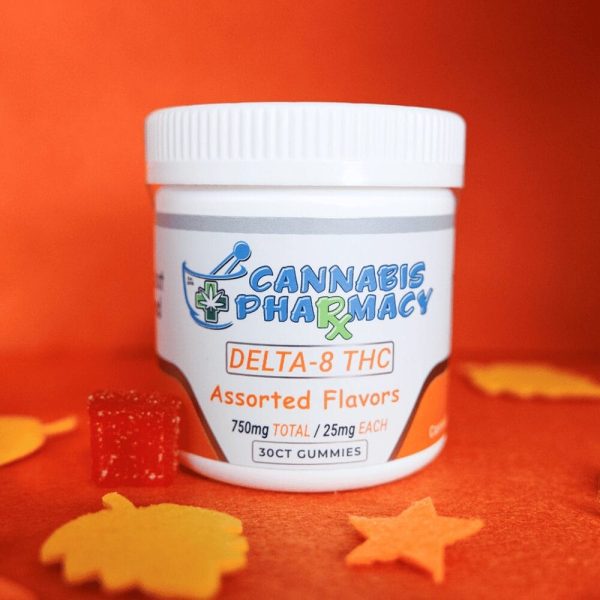 Cannabis Pharmacy D8 Gummies 30ct Jar for pain, sleep, and anxiety relief.