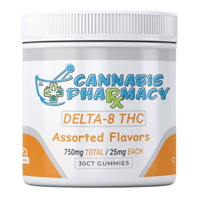Cannabis Pharmacy Delta-8 THC Gummies jar with 750mg total and 25mg per gummy in assorted flavors.