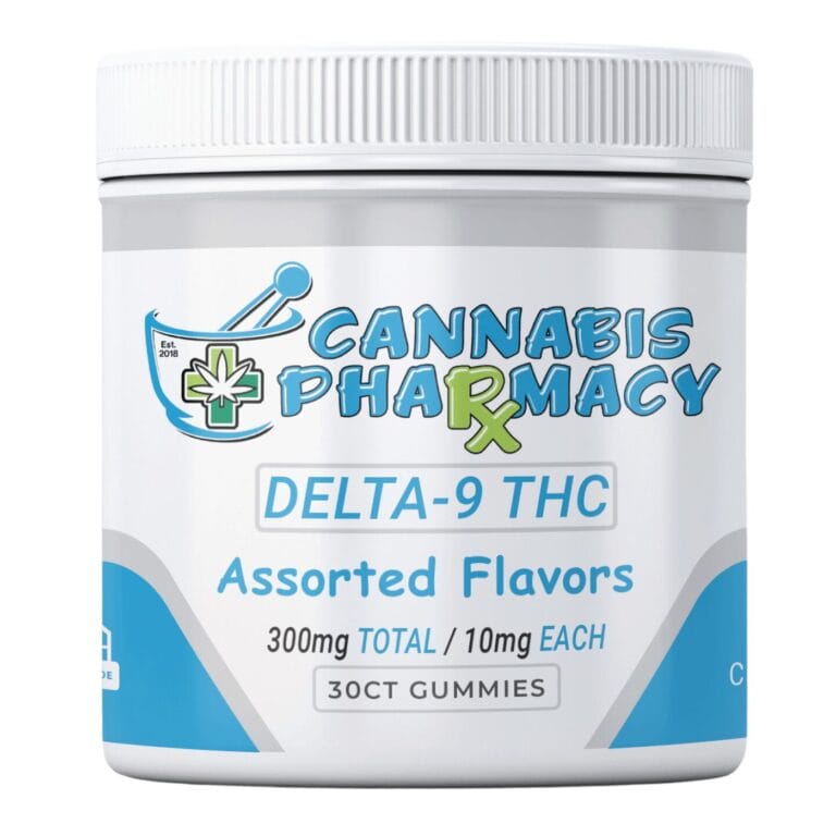 Jar of Cannabis Pharmacy THC Gummies labeled Delta-9 THC with assorted flavors, 10mg each, 300mg total in 30-count container