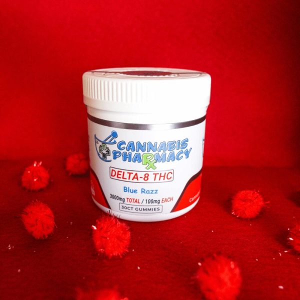 Jar of 100mg Blue Raspberry THC Gummies featuring 30 Delta 8 THC edibles with a bold sweet-and-sour flavor.
