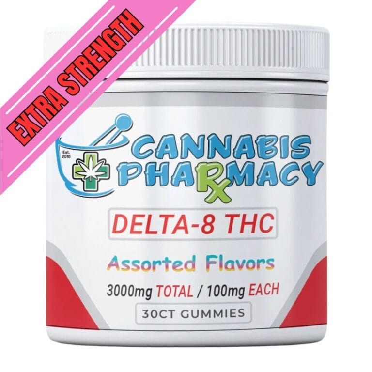 Cannabis Pharmacy Assorted Flavor Delta-8 THC Gummies jar labeled 100mg each and 30-count total.