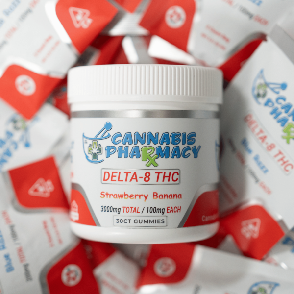 Cannabis Pharmacy 100mg Delta 8 THC Gummies Strawberry Banana 30ct - designed for cannabis relief
