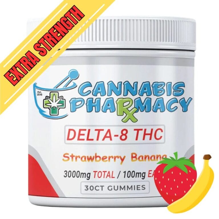 Cannabis Pharmacy Strawberry Banana Delta-8 THC Gummies jar with 100mg per gummy in a 30-count container.