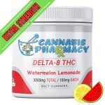 White jar of Cannabis Pharmacy Delta-8 THC Gummies labeled Watermelon Lemonade flavor, 3000mg total, 100mg each, 30 count