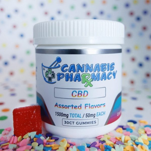 Cannabis Pharmacy CBD Gummies 1500mg in assorted fruit flavors, promoting wellness and relaxation.
