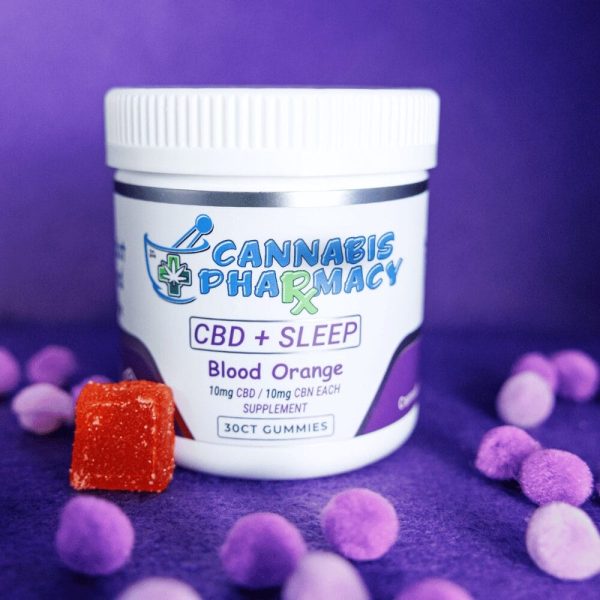 Cannabis Pharmacy CBD Sleep Gummies in blood orange flavor with a blend of CBD, CBN, and Melatonin to support sleep.
