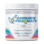 White jar of Cannabis Pharmacy CBD Gummies labeled Assorted Flavors with 1500mg total CBD and 50mg per gummy