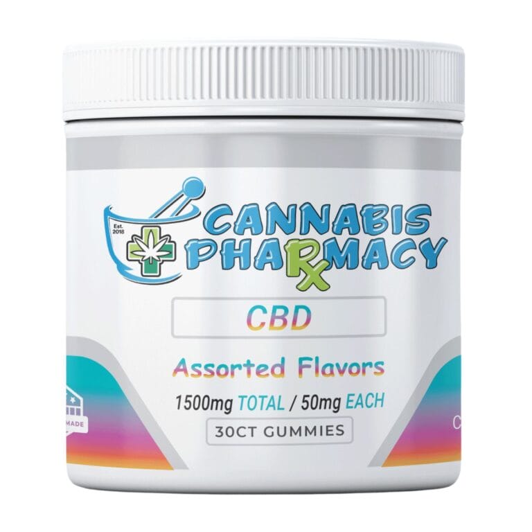 White jar of Cannabis Pharmacy CBD Gummies labeled Assorted Flavors with 1500mg total CBD and 50mg per gummy