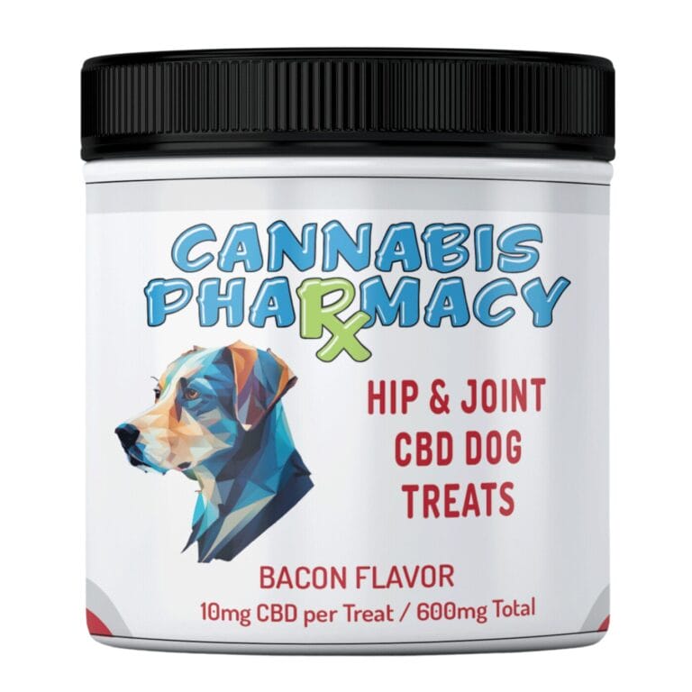 Jar of Cannabis Pharmacy Hip & Joint CBD Dog Treats in bacon flavor labeled with 10mg CBD per treat and 600mg total