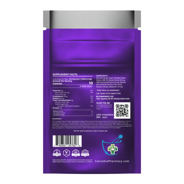 Cannabis Pharmacy CBD Sleep Gummies | 10mg CBD + 10mg CBN + 5mg Melatonin - Blood Orange - 2ct - Image 2