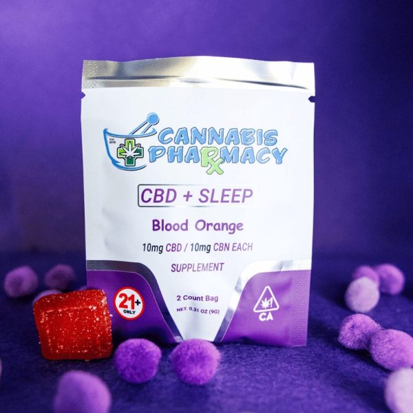 Cannabis Pharmacy CBD Sleep Gummies 2ct Sample Pack – Blood Orange flavor, 10mg CBD, 10mg CBN, 5mg Melatonin per gummy.