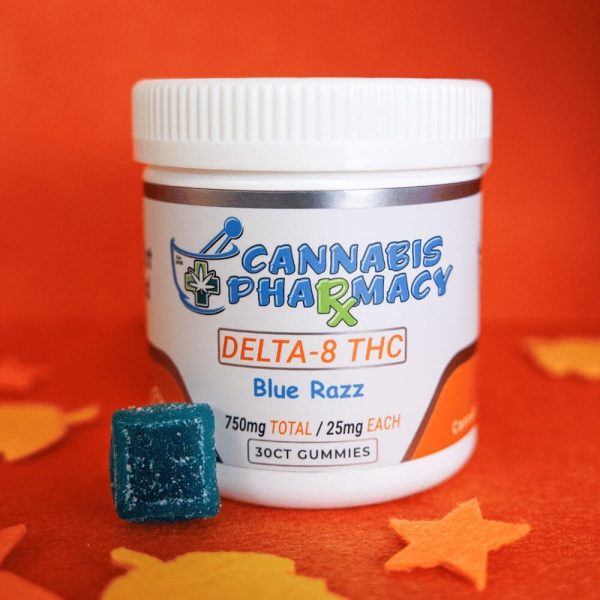 Blue Raspberry D8 Gummies in a 30ct jar with 750mg Delta-8 THC for balanced relaxation.