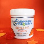 Cannabis Pharmacy Strawberry D8 Gummies - 30ct jar with 750mg Delta-8 THC, offering sweet strawberry flavor and relaxation.