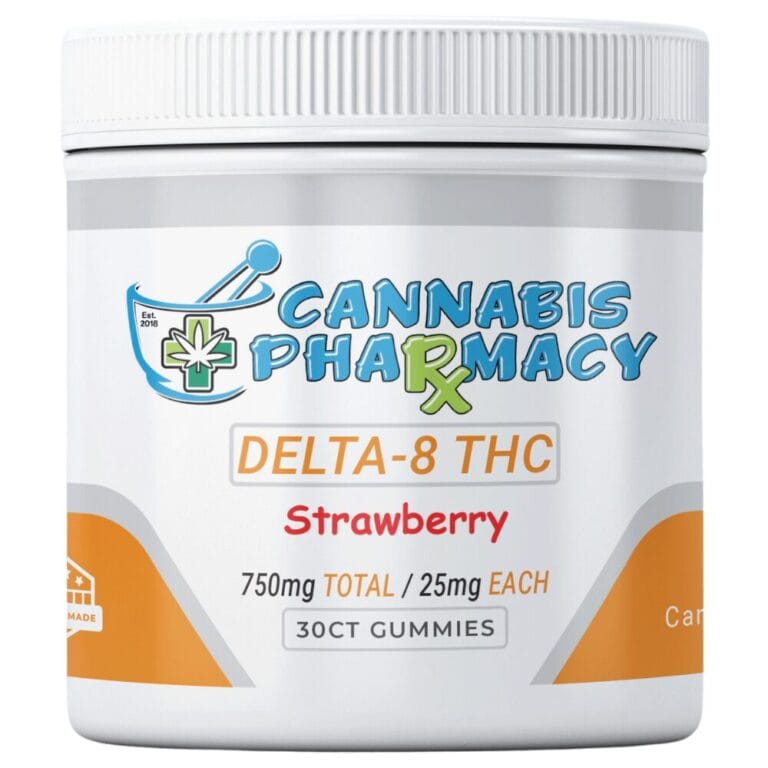 Front view of Cannabis Pharmacy Strawberry D8 Gummies jar, labeled 750mg total Delta-8 THC, 25mg each gummy.