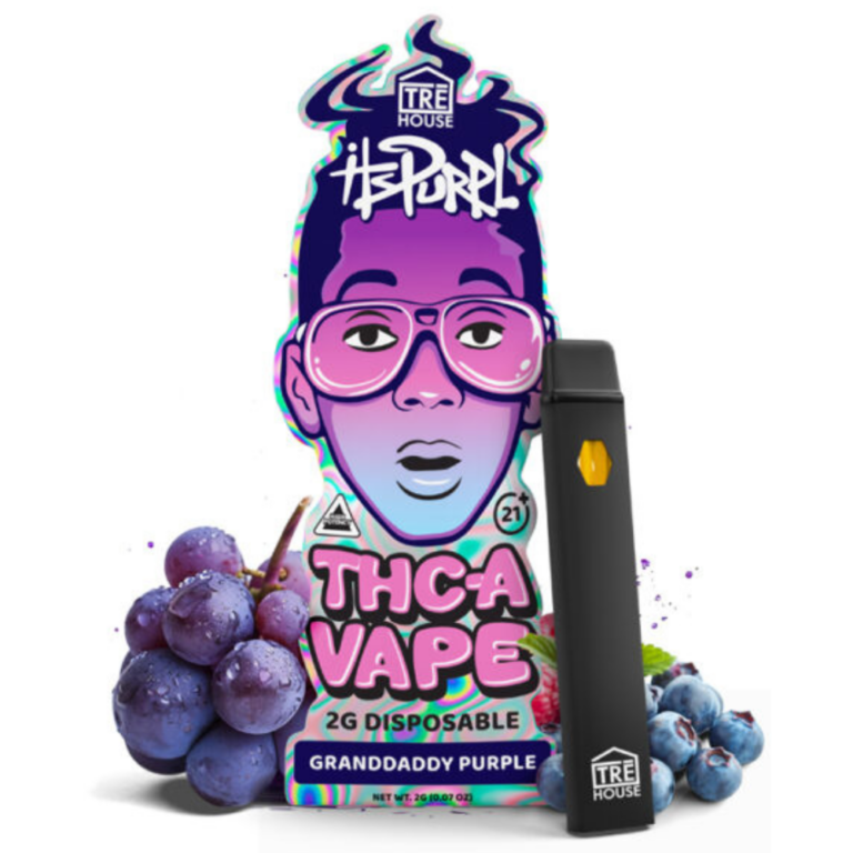Front of Tre House ItsPurpl THC Vape with sleek and vibrant purple design