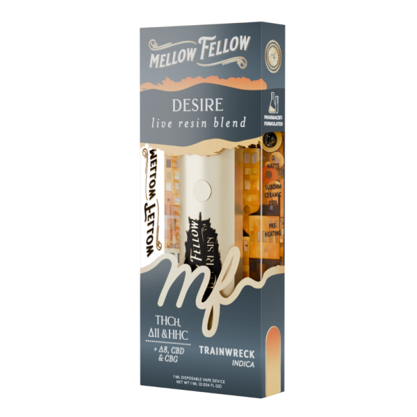 Right side of Trainwreck THC Vape Pen displaying dosage information, ingredients, and safety warnings