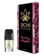 Front of 3CHI Strawberry Napalm Pods with THC featuring sleek design and fiery strawberry-inspired packaging