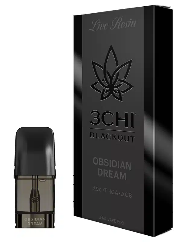 Front of Blackout Series 3CHI Obsidian Dream Pods with THC featuring sleek design and dark, dream-inspired packaging