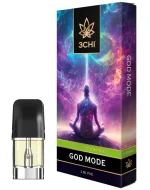 Front of 3CHI God Mode Pods with THC featuring sleek design and celestial-inspired, powerful packaging