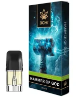 Front of 3CHI Hammer of God Pods with THC featuring sleek design and bold, powerful-inspired packaging