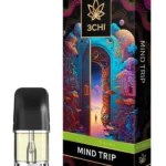 Front of 3CHI Mind Trip Pods with THC featuring sleek design and vibrant, psychedelic-inspired packaging