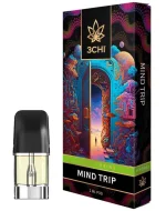 Front of 3CHI Mind Trip Pods with THC featuring sleek design and vibrant, psychedelic-inspired packaging